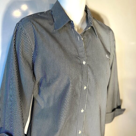 Lauren SZ 2X Navy Pinstripe Cotton Shirt Button Front Old Money Academia Classic - Picture 3 of 11